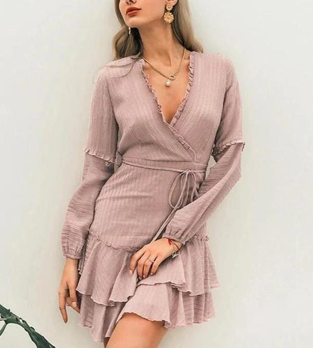 V-Neck Ruffled Lantern Chiffon Striped Chic Mini Wrap Dress-women-wanahavit-White-S-wanahavit