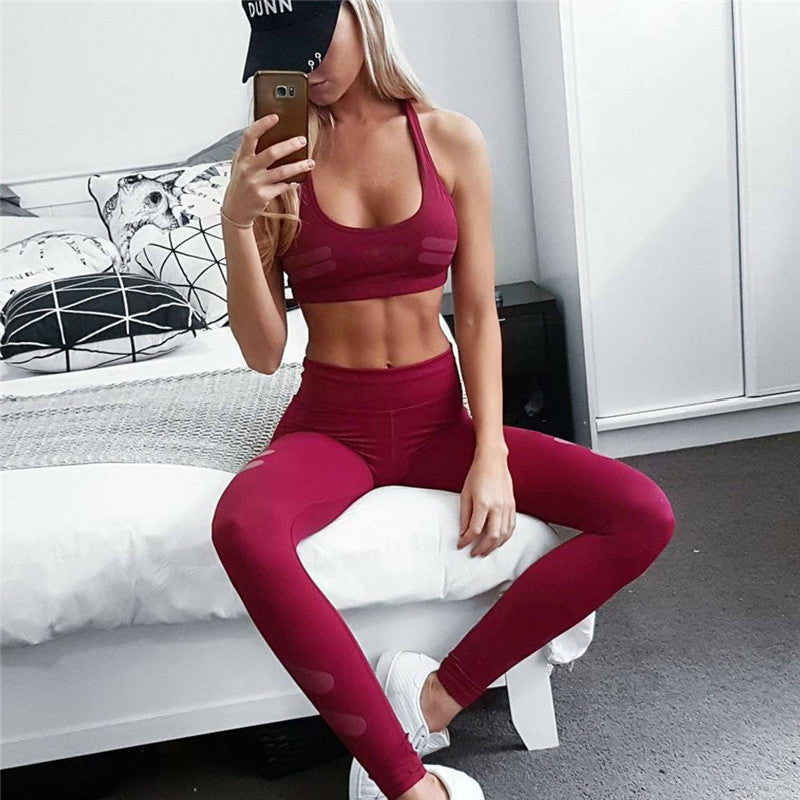 Solid Colored Workout Set Leggings + Sports Bra-women fitness-wanahavit-wine red-S-wanahavit
