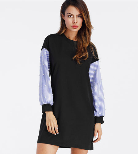 Patchwork Striped Beads Casual Long Sleeve Dress-women-wanahavit-Black-L-wanahavit