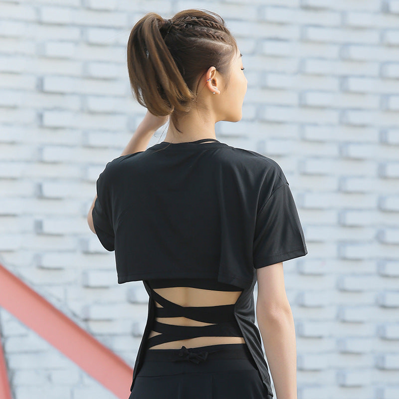 Backless Bandage Short Sleeve Shirt-women fashion & fitness-wanahavit-Black-S-wanahavit