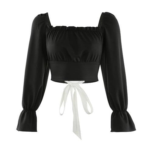 Black Cross Bandage Crop Top Butterfly Sleeve Square Collar Gothic Long Sleeve