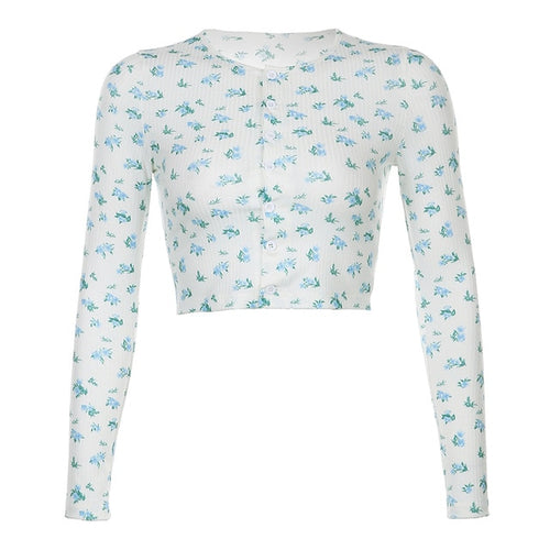 Load image into Gallery viewer, Autumn Small Flower Print Knitted Cropped Shirt Long Sleeve
