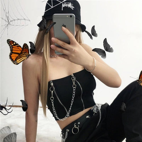 Load image into Gallery viewer, Summer Punk Gothic Tube Patchwork Zipper Chains Sexy Wrap Bralette Crop Top
