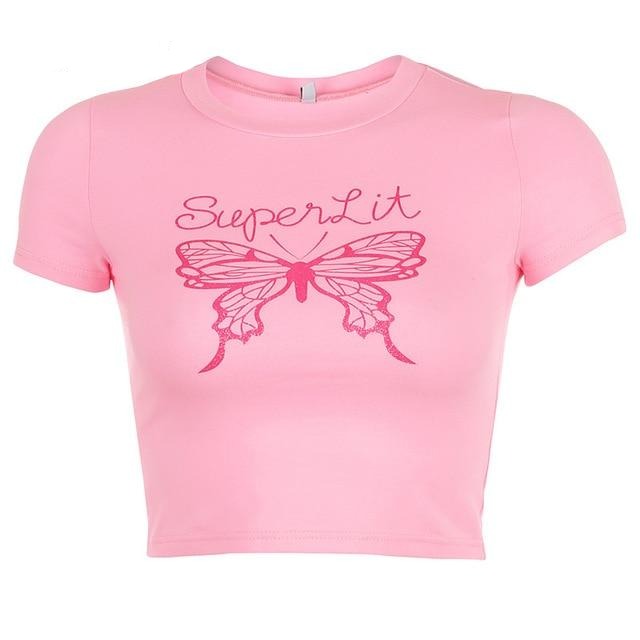 Summer Fashion Short Sleeve Pink Cute Butterfly Graphic Crop Top Tees