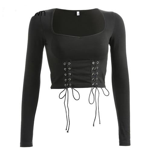 Load image into Gallery viewer, Autumn Black Square Collar Criss Cross Bandage Gothic Crop Top Sexy Elegant Long Sleeve

