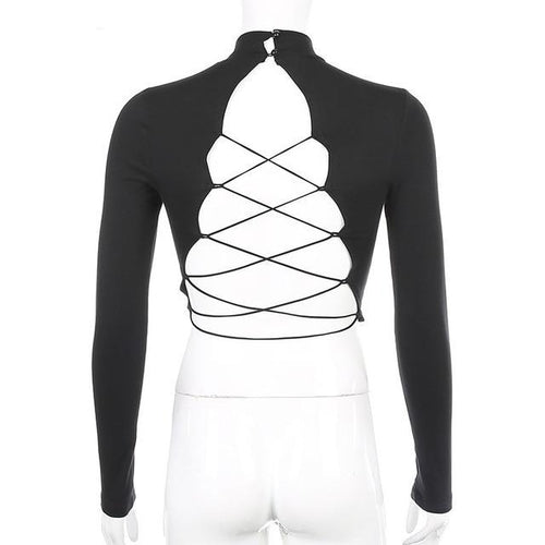 Load image into Gallery viewer, Backless Cross Lace Up Sexy Streetwear Crop Top Long Sleeve T-Shirts Women Black Solid Slim Spring Summer Tee Shirt

