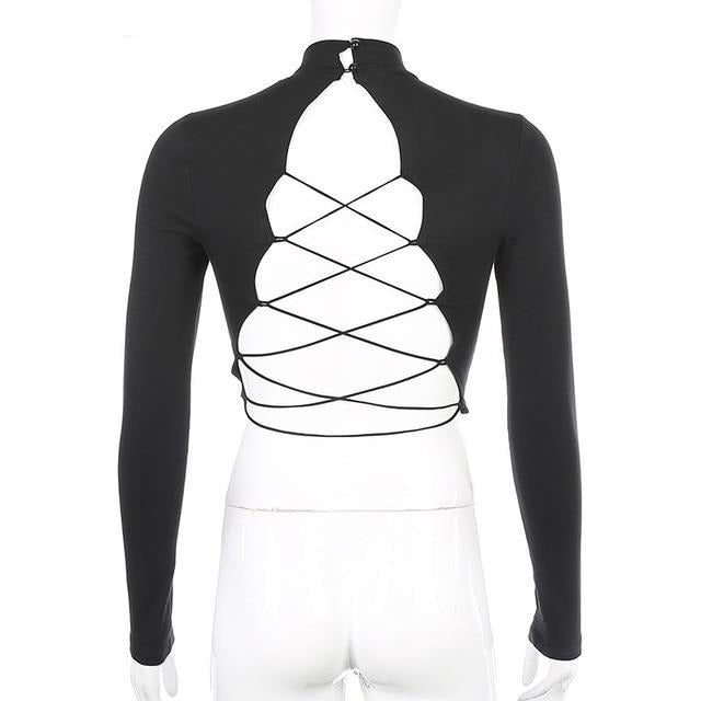 Backless Cross Lace Up Sexy Streetwear Crop Top Long Sleeve T-Shirts Women Black Solid Slim Spring Summer Tee Shirt