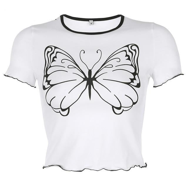 Big Butterfly Pattern Gothic Contrast Color Cute Crop Top Short Sleeve Tees