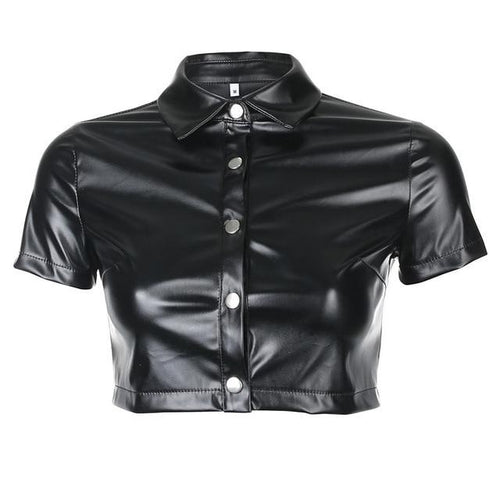 Load image into Gallery viewer, Black Faux Leather Crop Blouses Shirt Women Streetwear Short Sleeve Turn Down Collar Ladies Blouses Manches Bouffantes
