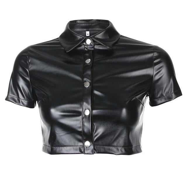 Black Faux Leather Crop Blouses Shirt Women Streetwear Short Sleeve Turn Down Collar Ladies Blouses Manches Bouffantes