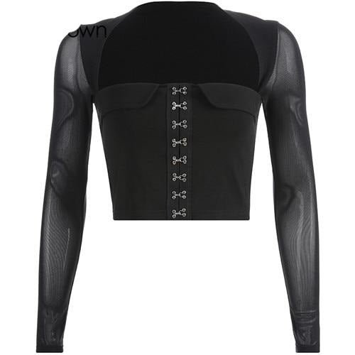 Load image into Gallery viewer, Black Vintage Crop Top Square Collar Sequined Mesh Patchwork Long Sleeve
