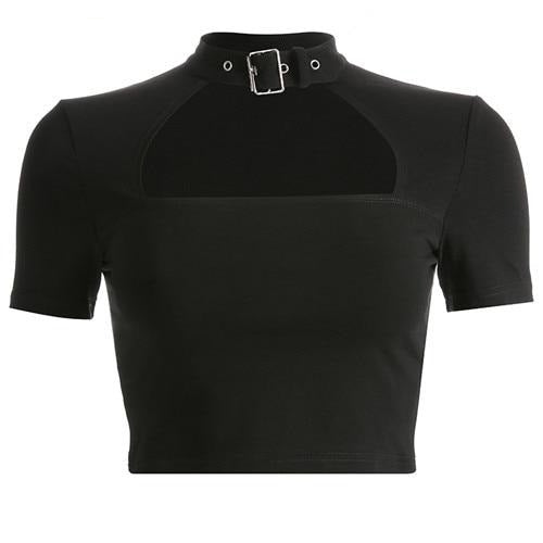 Load image into Gallery viewer, Black Slim Sexy Summer Front Cut Out Cropped Choker Collar Short Sleeve Gothic Tees

