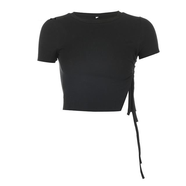 Black Solid Basic Slim Ruched Short Sleeve O Neck Lace Up Cropped Tees ...
