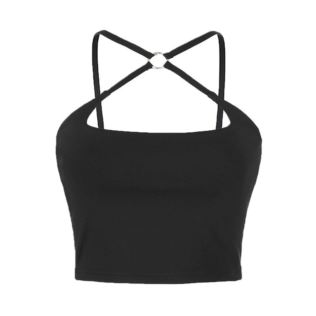 Black Solid Cut Out Crop Top Female Slim Sexy Rave Party Clubwear Cross Choker Summer Tops For Women Camisole Pink Tees