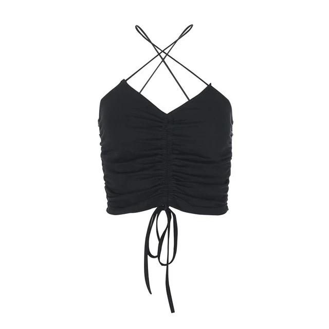 Black Solid Lace Up Crop Top V Neck Slim Sexy Knitted Sleeveless