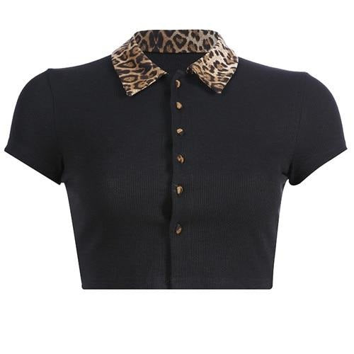 Black Vintage Patchwork Leopard Turn-Down Collar Single Breasted Knitted Tees