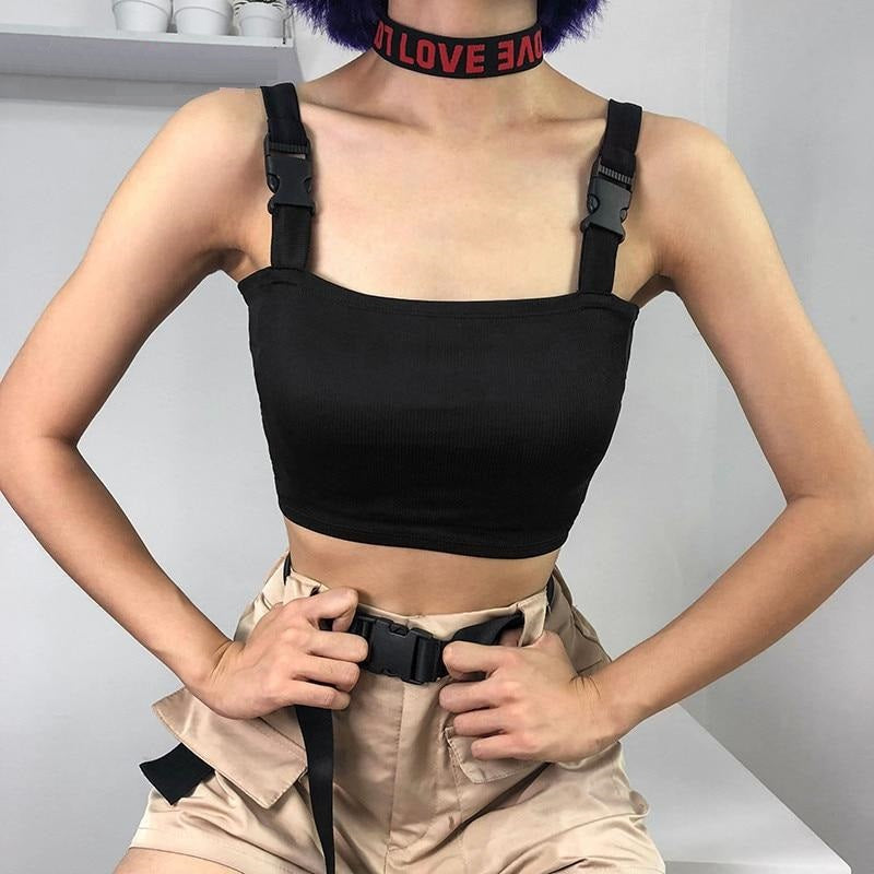 Bralette Crop Top Sexy Black Clubwear Summer With Plastic Buckle Tank Sleeveless