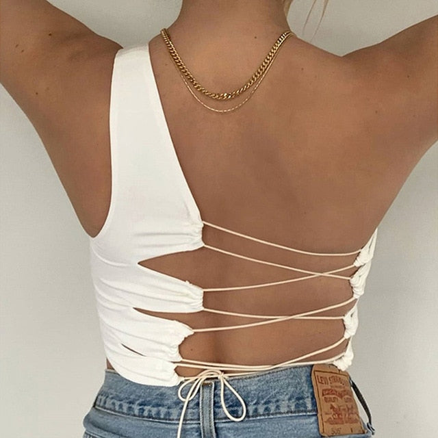 Casual Cut Out One Shoulder Slim Sexy Rave Party Backless Cross Lace Up Crop Top Sleeveless