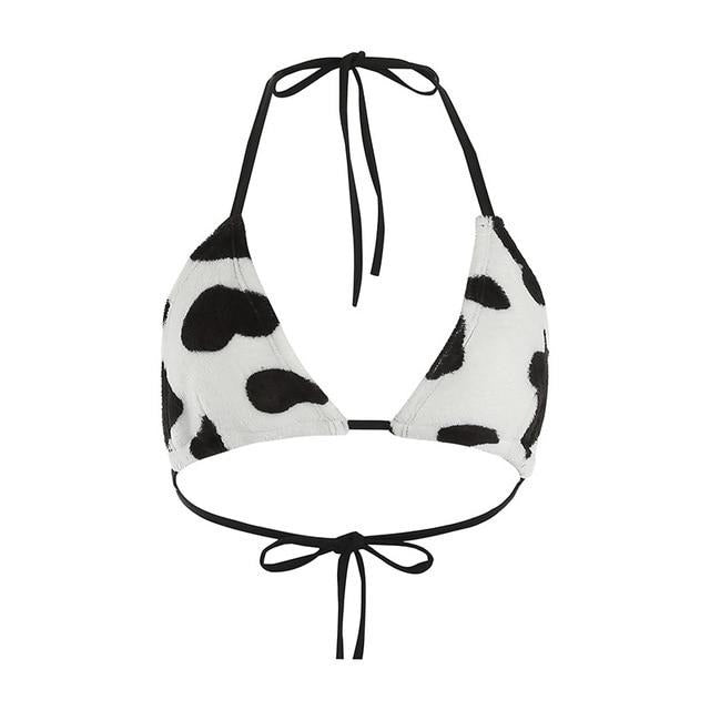 Cow Print Strapless Sexy Woolen Crop Top Rave Party Backless Bikini
