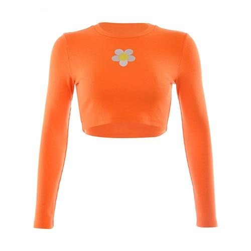 Floral Print Cute Crop Top Long Sleeve Autumn T Shirts Women Orange O Neck Casual Basic Streetwear T-Shirt Harajuku