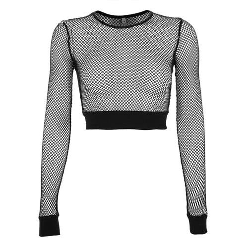 Load image into Gallery viewer, Harajuku Mesh Fishnet Crop Top See Through Sexy Black Transparent Long Sleeve
