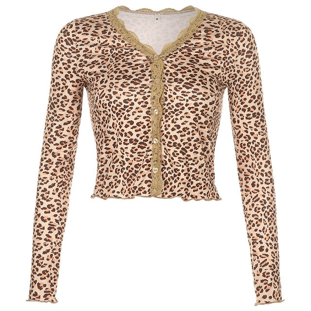 Lace Edge Leopard Cute Deep V Neck Slim Long Sleeve Cropped Cardigan B ...