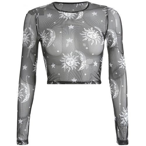 Load image into Gallery viewer, Moon And Galaxy Print Mesh Gothic Crop Top Knitted Slim Transparent Sexy Long Sleeve
