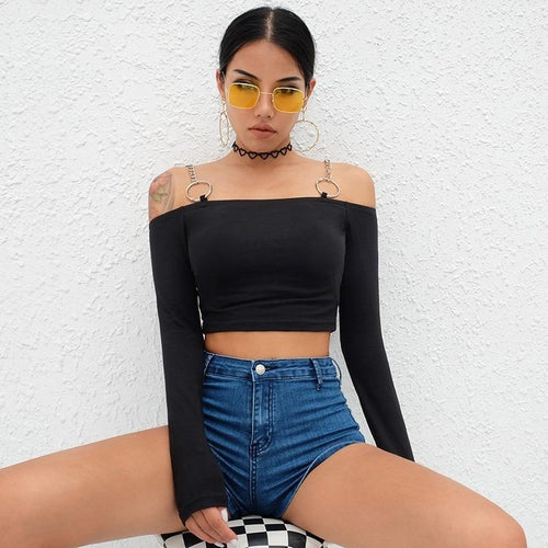 Load image into Gallery viewer, Sexy Slash Neck Off The Shoulder Long Sleeve Crop Top
