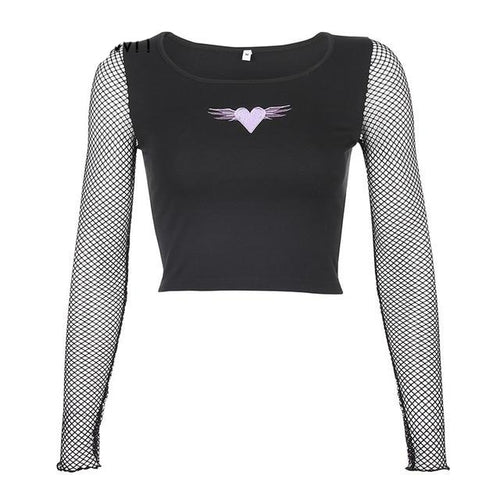 Load image into Gallery viewer, Patchwork Fishnet Long Sleeve Crop Top Gothic T-Shirts Women Floral Embroidery Slim Sexy Streetwear Top Shirt Black
