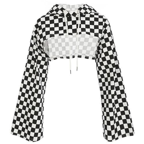 Load image into Gallery viewer, Plus Size Cotton Crop Top Flare Sleeve  Checkerboard Hoodie Long Sleeve
