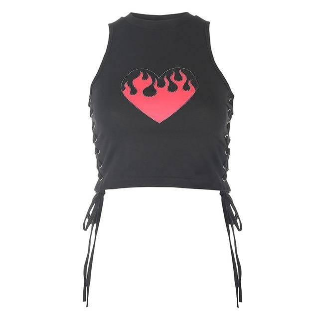Punk Gothic Strapless Sexy Crop Top Female Party Clubwear Flaming Fire Print Summer Tank Tops Cross Lace Up Streetwear