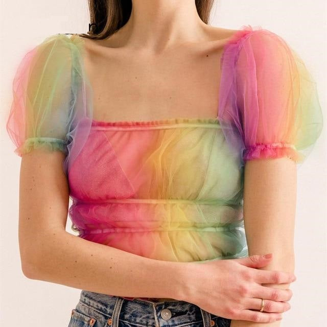 Rainbow Tie Dye Print Puff Sleeve Crop Top Short Sleeve Mesh Tees
