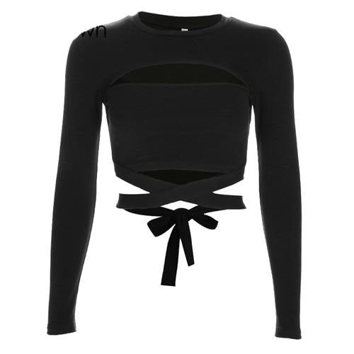 Load image into Gallery viewer, Sexy Criss Cross Bandage Crop Top Hollow Out Harajuku Long Sleeve
