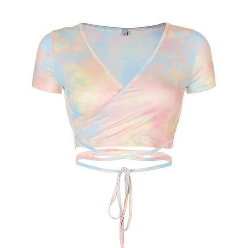 Load image into Gallery viewer, Sexy Cross Bandage V Neck Crop Top Tie Dye Lace Up Wrap Basic Leisure Tees

