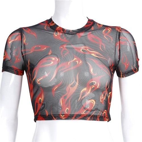 Load image into Gallery viewer, Sexy Rave Mesh Transparent Summer Top Flaming Fire Print Cute Short Sleeve Crewneck Tees
