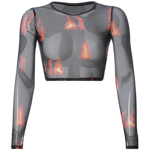 Sexy Rave Mesh Transparent Flaming Fire Printed O-Neck Slim Long Sleeve