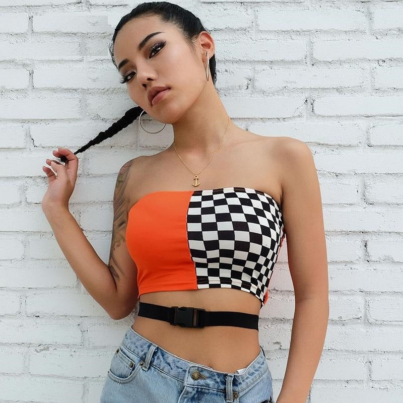 Sexy Strapless Checkerboard Boob Tube Top Summer Buckle Belt Bandage Bralette Crop Top Sleeveless