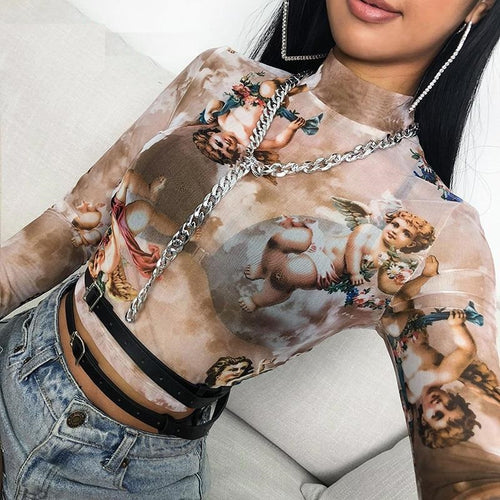 Load image into Gallery viewer, Sweetown Summer 2020 Kawaii Mesh Crop Top Tshirt Greek Mythology Angel Print See Through Top Women Sexy Transparent Beach Shirt
