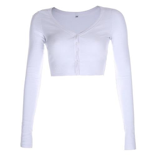 Load image into Gallery viewer, White Solid Sexy V Neck Crop Top Single-Breasted Long Sleeve
