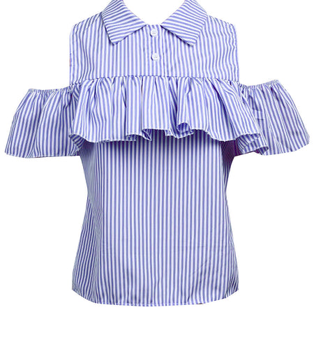 Summer Plaid Striped Off the Shoulder Loose Ruffles-women-wanahavit-Sky Blue-L-wanahavit
