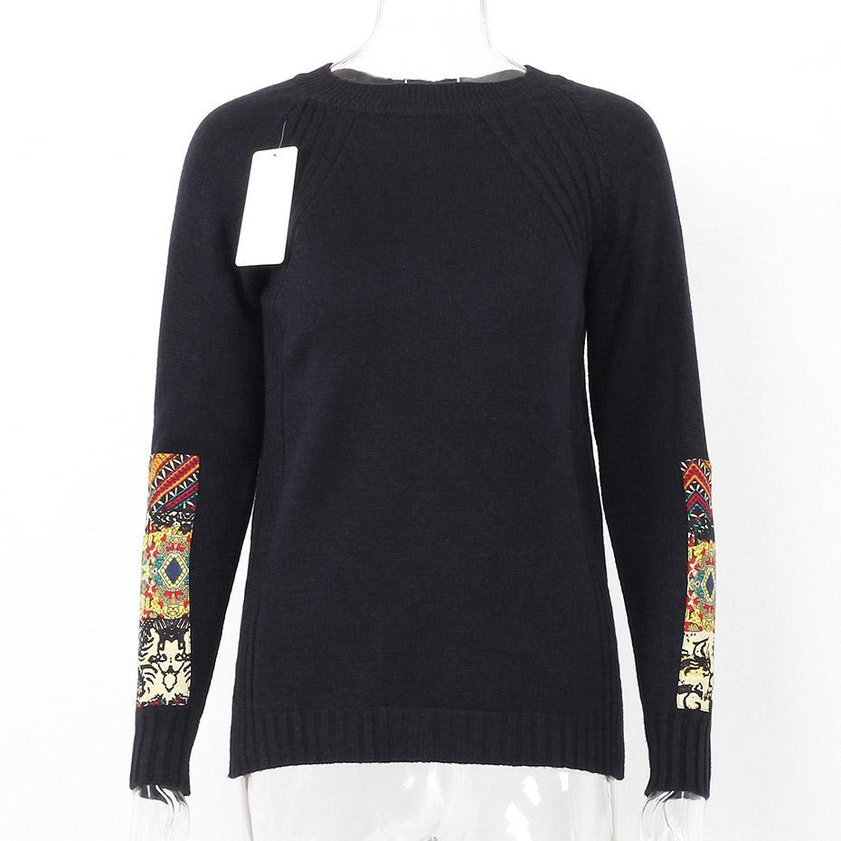 Tribal Mandala Printed Knitted Long Sleeve Sweater-women-wanahavit-Black-One Size-wanahavit