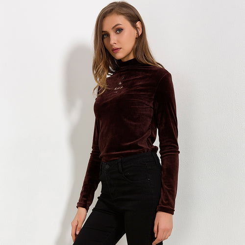 Load image into Gallery viewer, Turtleneck Velvet Long Sleeve Casual Slim Shirt-women-wanahavit-Caramel-One Size-wanahavit
