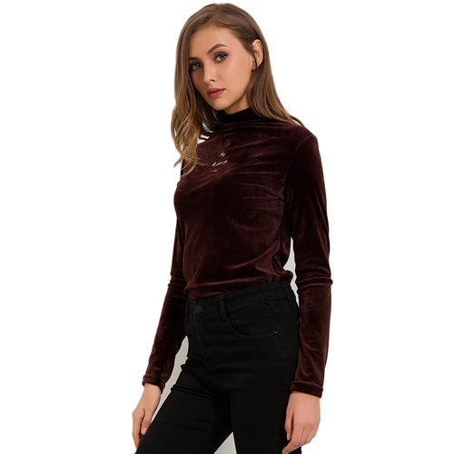 Load image into Gallery viewer, Turtleneck Velvet Long Sleeve Casual Slim Shirt-women-wanahavit-Caramel-One Size-wanahavit
