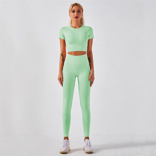 Load image into Gallery viewer, Sportswear Top 2pcs Yoga Set Women Yoga Suit Short Sleeve High Waist Leggings Gym Quick Dry Yoga Wear Energy Fitness Suit A0121
