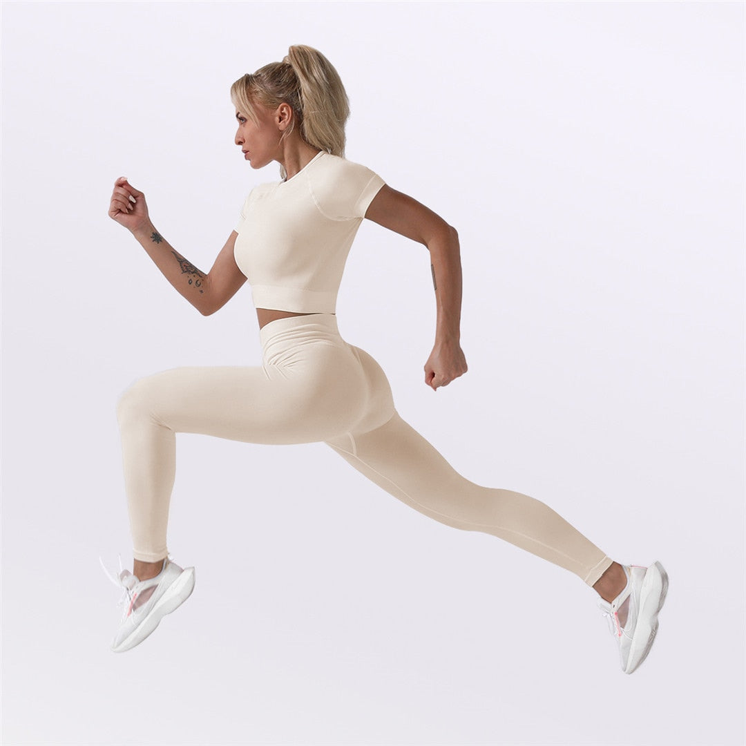 Sportswear Top 2pcs Yoga Set Women Yoga Suit Short Sleeve High Waist Leggings Gym Quick Dry Yoga Wear Energy Fitness Suit A012