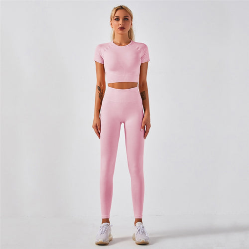 Load image into Gallery viewer, Sportswear Top 2pcs Yoga Set Women Yoga Suit Short Sleeve High Waist Leggings Gym Quick Dry Yoga Wear Energy Fitness Suit A012
