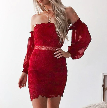 Vintage Lace Off Shoulder Sexy Winter Party Dress-women-wanahavit-Red-S-wanahavit