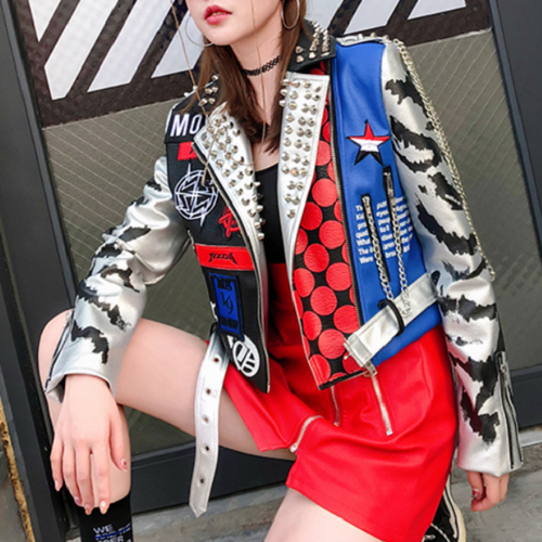 Load image into Gallery viewer, Punk Rock Move Star Studded Leather Jacket-women-wanahavit-Multi-S-wanahavit
