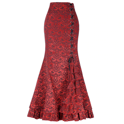 Load image into Gallery viewer, Vintage Asymmetric Floral Print Patchwork Lace-Up High Waist Gothic Long Skirts-women-wanahavit-Red-M-wanahavit

