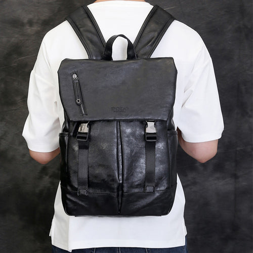 Load image into Gallery viewer, Large Capacity Double Snapper Leather Backpack-men-wanahavit-black-wanahavit
